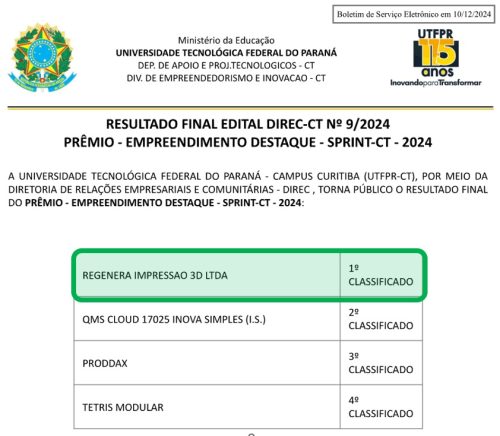 Resultado do edital empreendimento de destaque UTFPR 2024 - Regenera 3D